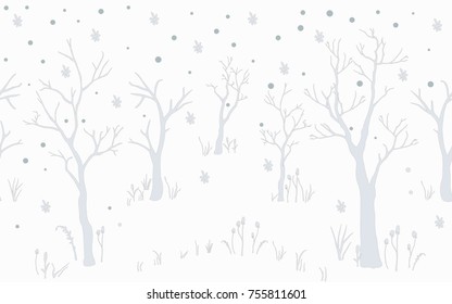 Trees. First Snow. Winter Christmas landscape background with trees, snow, snowflakes. Hand Drawn Design. Vector Illustration. Holiday Card. For cards, backgrounds, wallpaper, wrapping, etc.
