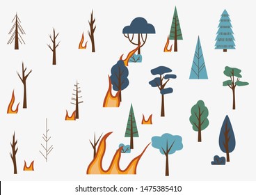 Trees and flames. The forest is on fire. Burning forest. Concept of consequences of forest fires. The woods on fire before and after. Flat vector illustration.