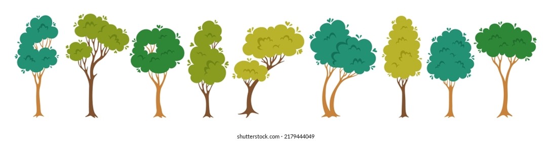 Trees flat cartoon set. Forest and park abstract evergreen stylized plant, nature eco botanical collection. Deciduous tree with leaves and lush crowns. Green drawing landscape vector illustration
