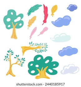 Trees flat design clouds china style and feathers