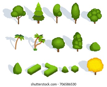 Trees flat icons with shadows. Isolated set of deciduous, coniferous and exotic tropical palm, pine or fir tree and oak or maple, green bush hedge and forest horticulture elements. Vector illustration
