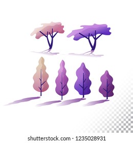 Trees flat icons. Stylized different trees. Vector illustration on a transparent background.