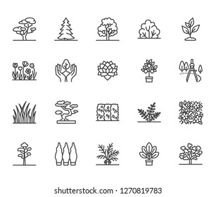 Trees flat line icons set. Plants, landscape design, fir tree, succulent, privacy shrub, lawn grass, flowers vector illustrations. Thin signs for garden store. Pixel perfect 64x64. Editable Strokes.