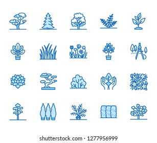 Trees flat line icons set. Plants, landscape design, fir tree, succulent, privacy shrub, lawn grass, flowers vector illustrations. Thin signs for garden store. Pixel perfect 64x64. Editable Strokes.