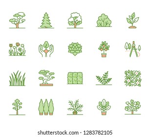 Trees flat line icons set. Plants, landscape design, fir tree, succulent, privacy shrub, lawn grass, flowers vector illustrations. Thin green signs for garden store.