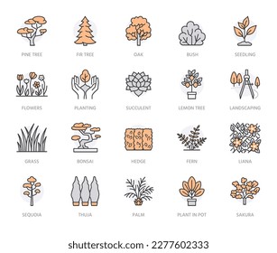 Trees flat line icons set. Plants, landscape design, fir tree, succulent, privacy shrub, lawn grass, flowers vector illustrations. Thin signs for garden store. Orange color. Editable Stroke