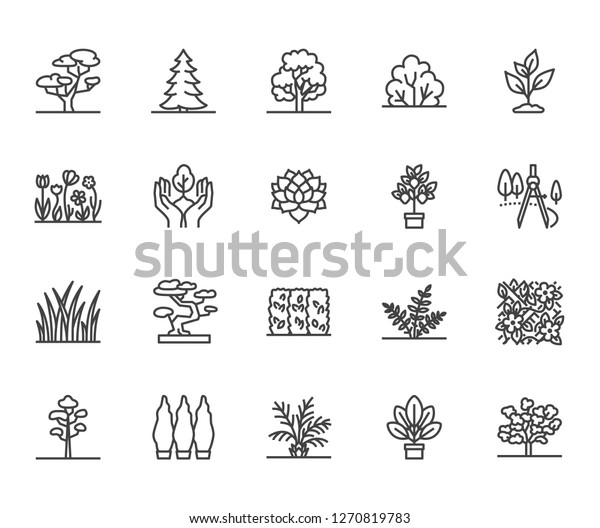 Trees flat line icons set. Plants, landscape\
design, fir tree, succulent, privacy shrub, lawn grass, flowers\
vector illustrations. Thin signs for garden store. Pixel perfect\
64x64. Editable Strokes.