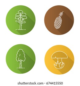 Trees flat linear long shadow icons set. Pine cone and tree, birch, mushroom. Vector outline illustration