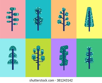 Trees flat vector set. Cartoon flat trees. Creative unusual forest vectors collection. Modern flat concept. Wild nature flat icons. Forest theme banners and covers.