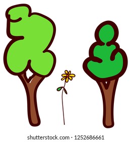 Trees and flower in the style of childrens drawing. Vector illustration. Isolated white background.