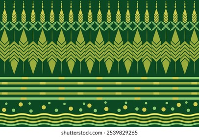 Trees, flowers and leaves represent growth. Straight lines represent land, still water, rising water. The living green background conveys nature, calm, simple abstract patterns.