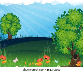 Trees and flowers in the meadow. Summer  landscape nature.