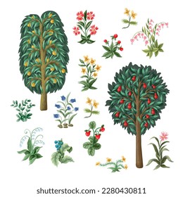 Trees and flowers in Middle Ages gobelen style isolated. Vector.