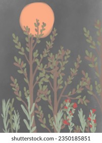 Trees, flowers, and moon on grey background, illustrations, vector aesthetic for wallpaper, wall decor, templates covers, art prints