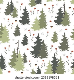 Trees, flowers, and mushrooms seamless pattern. Stylish forest background, vector illustration