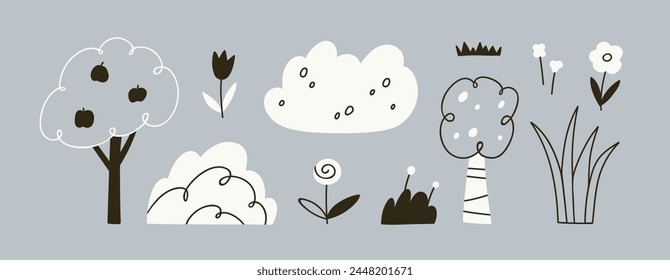 Árboles, flores, arbustos, plantas de hojas ambientadas en lindo doodle estilo escandinavo. Elementos de diseño florales naturales. Flora de jardín rural de Country, dibujo de niños. Ilustración vectorial plana aislada en blanco y negro
