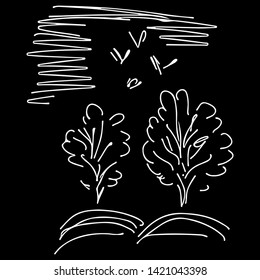 Trees and flying above it birds isolated on black background. Hand drawn outline vector illustration. Simple landscape. Freehand drawing outline collection.