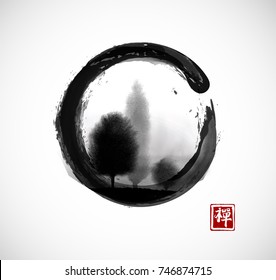 Trees in fog in black enso zen circle on white background. Traditional oriental ink painting sumi-e, u-sin, go-hua. Hieroglyph - zen.