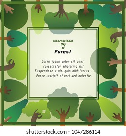 trees and forest backdrop frame for text,cute cartoon vector illustration,international day of forest