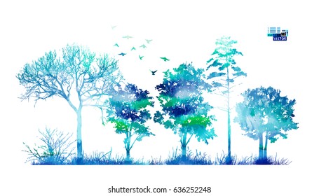 Trees in the forest. Blue picturesque landscape. Vector.