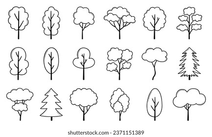 Trees and forest doodle set. Conifer, spruce, oak, pine in sketch style. Hand drawn vector illustration isolated on white background