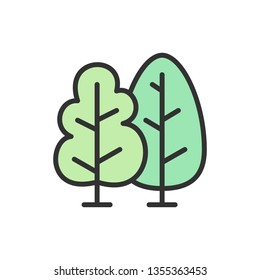 Trees, forest flat color line icon.