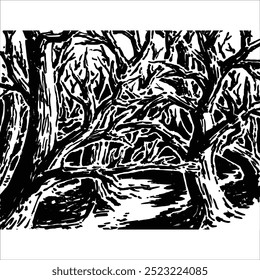 Trees in a forest, hand drawn illustration vector