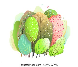 Trees Forest Hand Drawn Watercolor Style. Cute Colorful trees and bush woodland watercolor design.