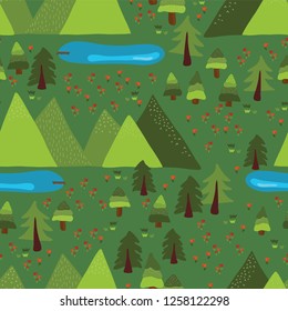 Trees, forest, lakes, meadow, mountains on green background. Mountain lake outdoor scene seamless vector pattern. Nature, national park, summer vacation, summer camp.