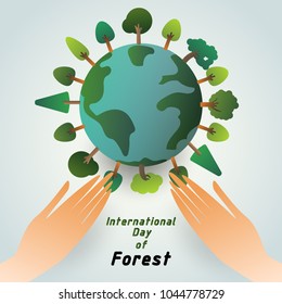 trees and forest on earth with hands carrying on gradient background,vector illustration,international day of forest