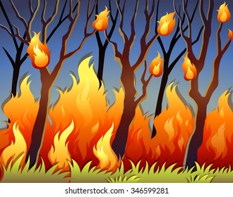 Trees in forest on fire illustration