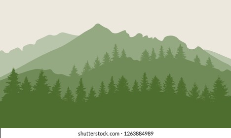 Trees (forest) on mountainous terrain silhouette. Vector illustration