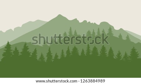 Trees (forest) on mountainous terrain silhouette. Vector illustration
