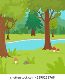 Trees forest. Outdoor background with green light lawn. Vector illustration template