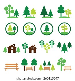 Trees, forest, park vector green icons set  