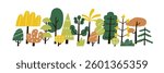 Trees, forest plants in horizontal row. Fall woodland. Woods nature with stylized trunks, crowns in scandinavian simple naive style. Cute doodle flat vector illustration isolated on white background