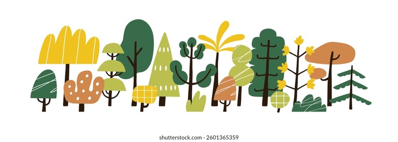 Trees, forest plants in horizontal row. Fall woodland. Woods nature with stylized trunks, crowns in scandinavian simple naive style. Cute doodle flat vector illustration isolated on white background