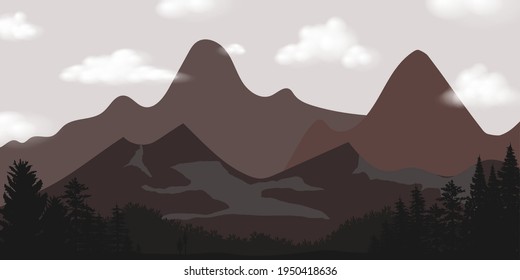 Trees forest silhouette and Mountain range background style. Hand drawn isolated vector illustrations. 