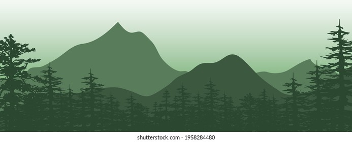 Trees forest silhouette and Mountain range background nature landscapes style. Hand drawn isolated vector illustrations. 