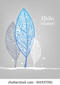 Trees in the form of leaves. Winter landscape. Winter postcard. Hello winter.