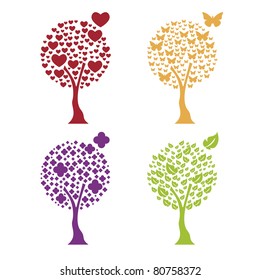 Trees with four elements: heart, butterfly, flower, leaf