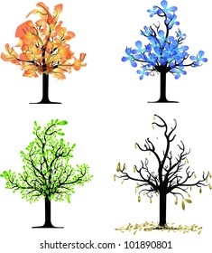 Trees Four seasons - spring summer autumn of vector drawing.