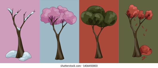 Trees in Four seasons. Vector illustration.