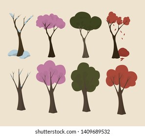 Trees in Four seasons. Vector illustration. Summer, spring, autumn and winter. 