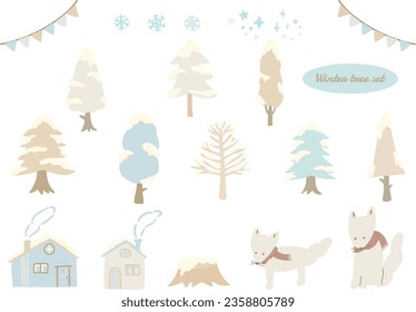 Trees and foxes with snowfall in white and beige colors, hand drawn vector illustration set