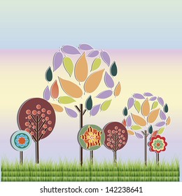 Trees, fruits and flowers on background degraded. Environment, dawn