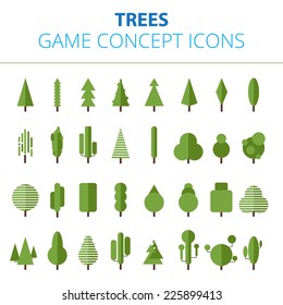 Trees Game Concept Icons Set. Collection of different creative abstract cartoon trees for your project.