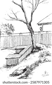 Trees in the garden. Black and white hand drawing with pen and ink. Engraving, etching, sketch style.
