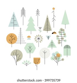 Trees geometric line icons, vector design elements. Trees: palm tree, fir-tree, oak, pine. White background. Vector illustration.