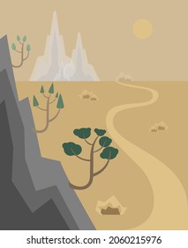 Trees geotropism (gravitropism, gravity) in the mountain. Vector landscape illustration.